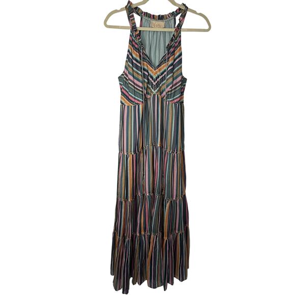 Love The Label Anthropologie Multicolor Striped Maxi Dress M Boho Beaded Tassel - Picture 3 of 10